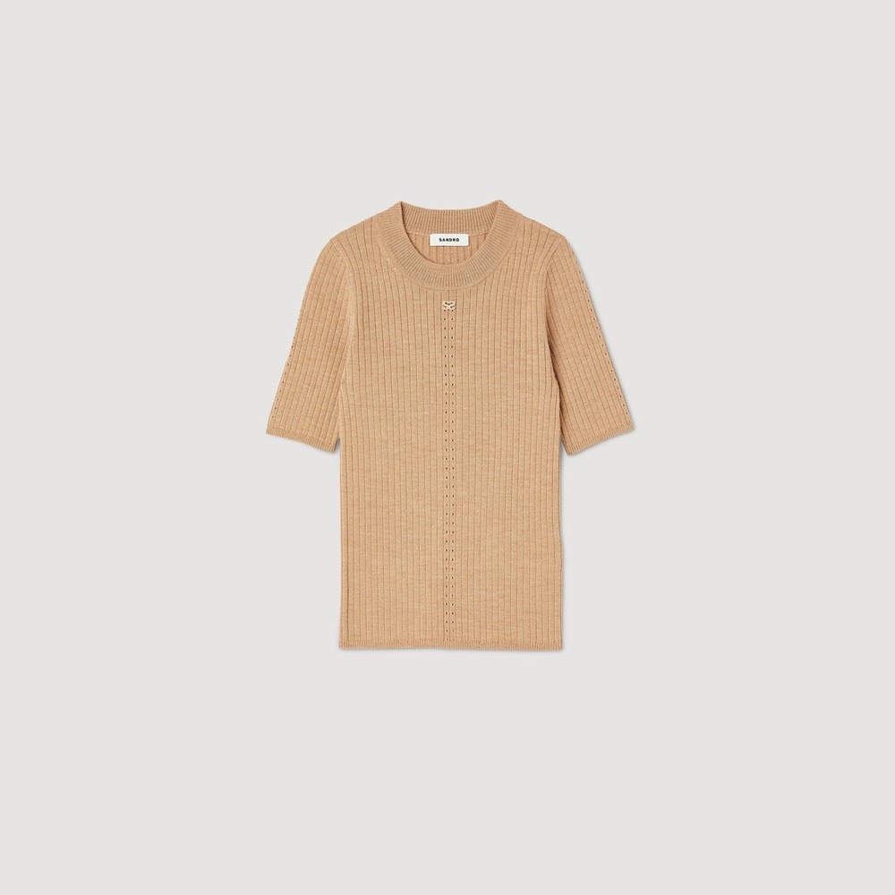 NWT Sandro Paris Tina Ribbed Wool Blend Short Sleeve Sweater Camel Tan XS
